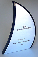 Laser-cut plastic, brushed-aluminum plating to match the countour of the acrylic sail. Lasering through the top surface of the plating appears black.